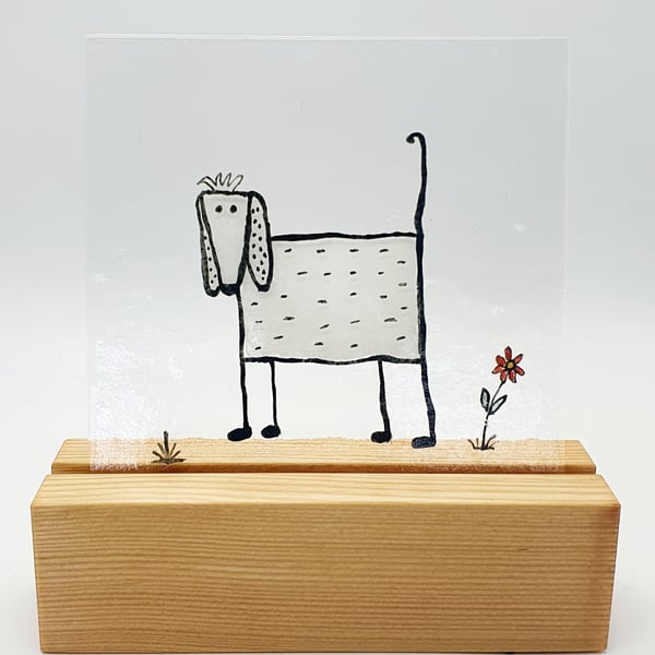 Fused Glass Dog with a Wooden Stand