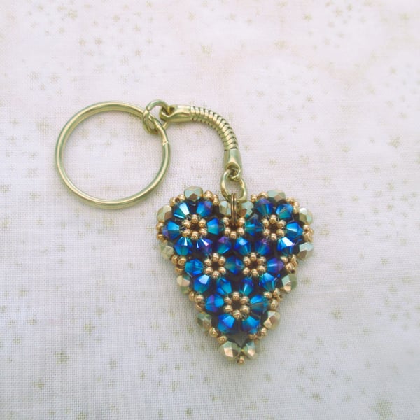 Blue and gold Swarovski heart beaded keyring or bag charm, Valentine gift, 