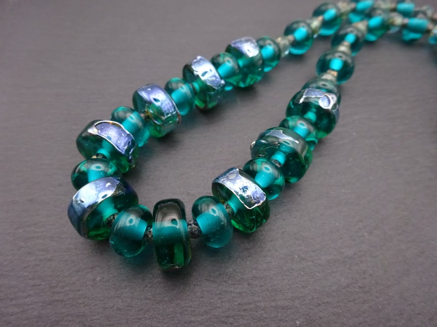 lampwork glass artisan necklace, teal and silver