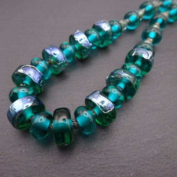 lampwork glass artisan necklace, teal and silver