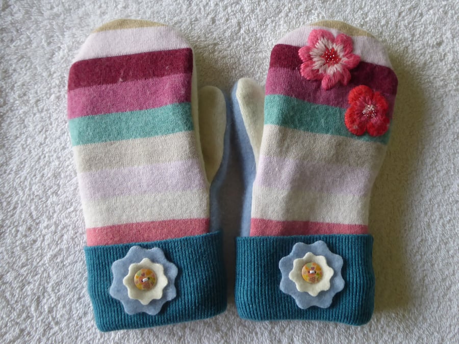 Mittens Created from Up-cycled Wool Jumpers. Fully Lined. Stripe with Blue Cuff