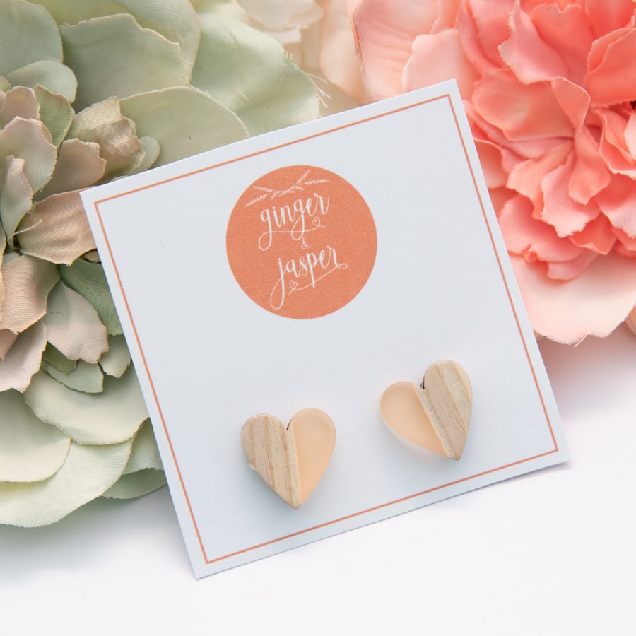 Peach Resin & Wood Heart Earrings, Wooden Heart Studs, Orange Hearts