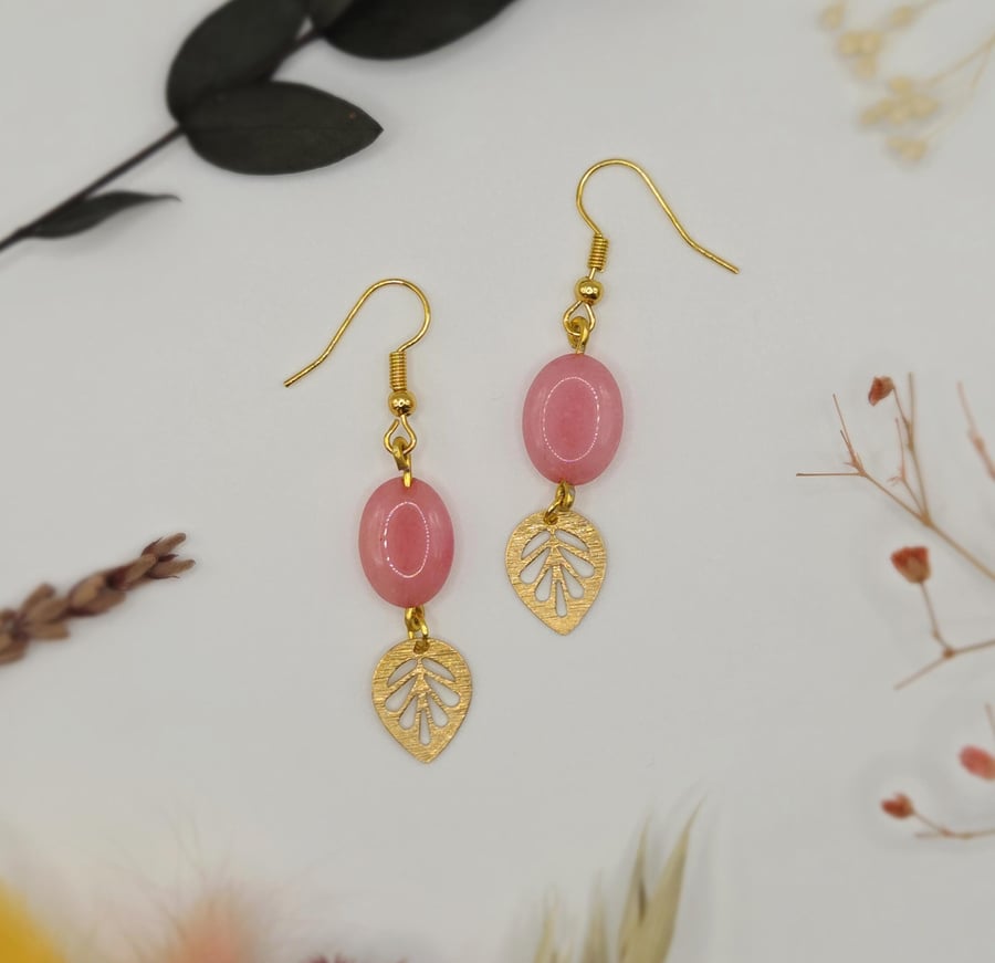 Gold leaf charm earrings with pink jade oval beads