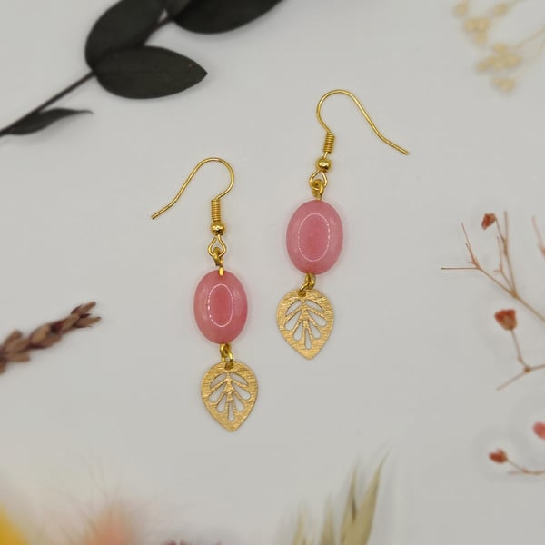 Gold leaf charm earrings with pink jade oval beads