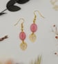 Gold leaf charm earrings with pink jade oval beads