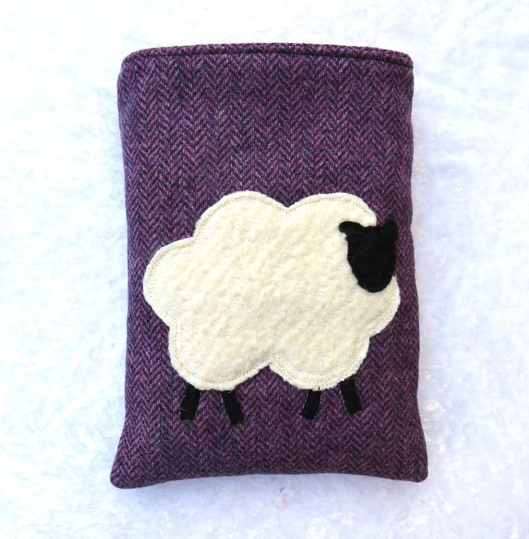 Herringbone Wool Book Sleeve: Sheep, Paperback protector, applique
