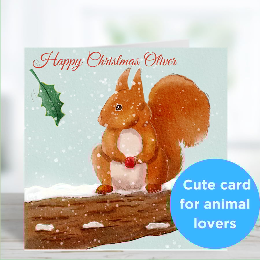 Red Squirrel in the Snow Custom Personalised Christmas Card