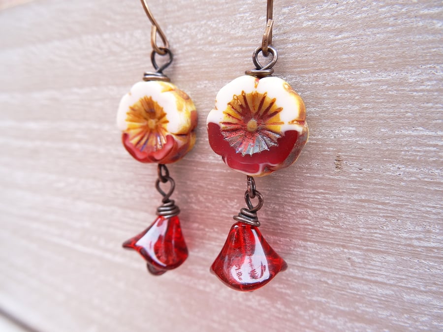 Flower Earrings, Petal Earrings, Pansy Earrings, Red Earrings, Cream Earrings