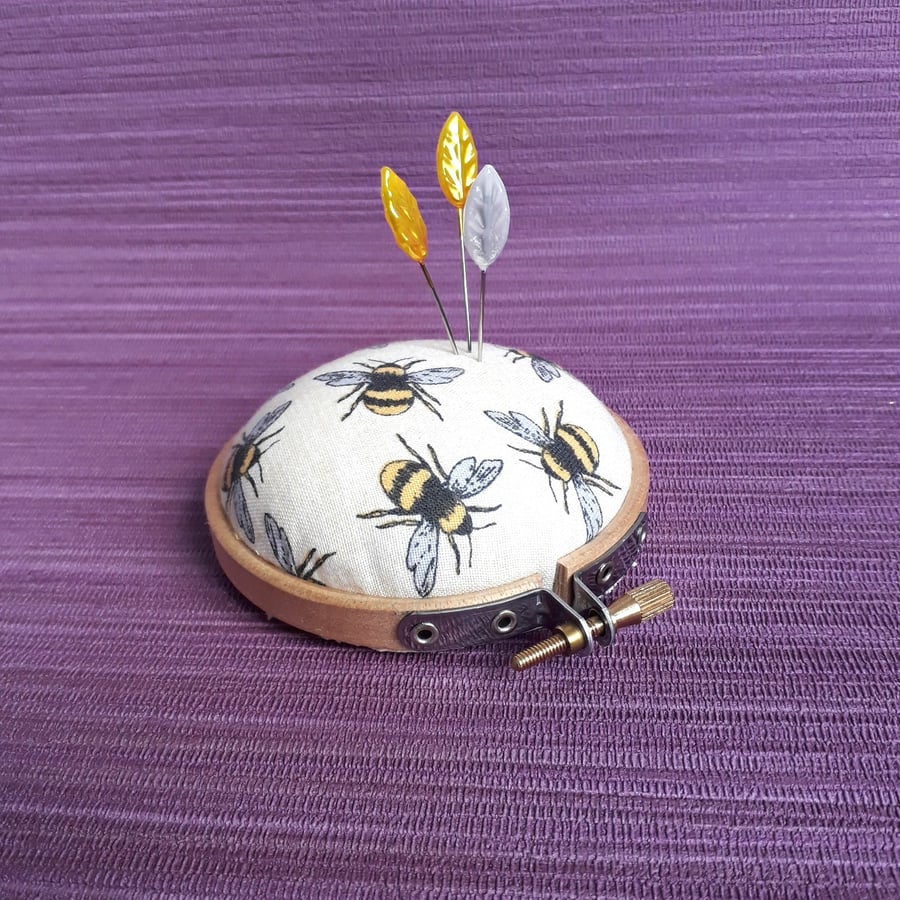 Pincushion, embroidery hoop  with bee fabric