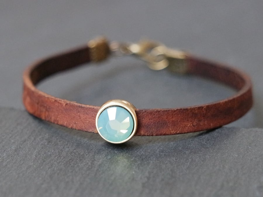 Leather bracelet - dark brown antique gold bronze opal-turquoise crystal