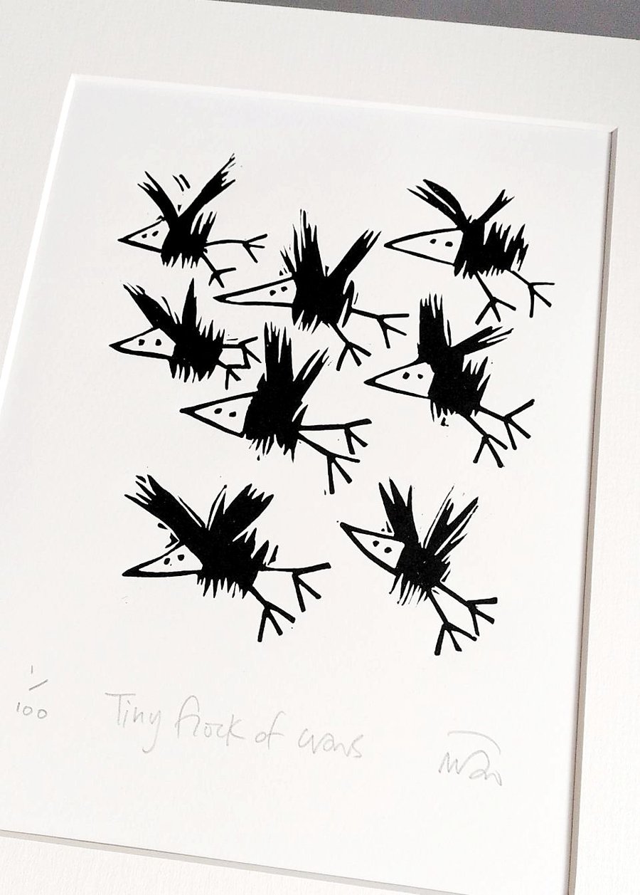 Tiny Flock of Crows - lino cut print
