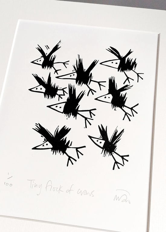 Tiny Flock of Crows - lino cut print