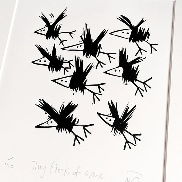 Tiny Flock of Crows - lino cut print