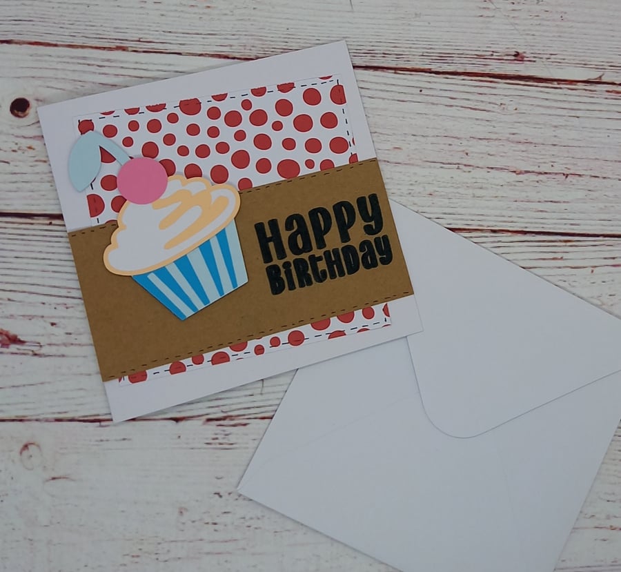 Happy Birthday Cupcake Card, Patterned Banner Cupcake Card