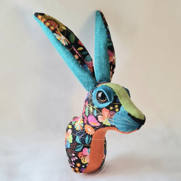 Faux hare head wall mount in colourful floral fabric -Hellebore Blackthorn