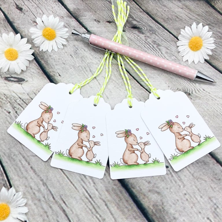 Mother & Baby Bunny Gift Tags - set of 4 tags - Birthday Gift Tags 