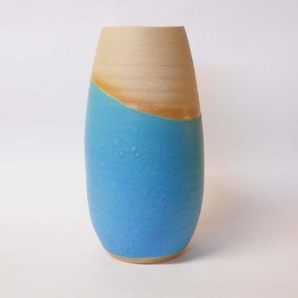 Vase Tulip shaped Stoneware Textured satin Turquoise blue.