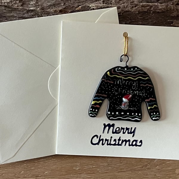 Handmade Keepsake card, Fused Glass Festive Christmas Jumper Christmas Car