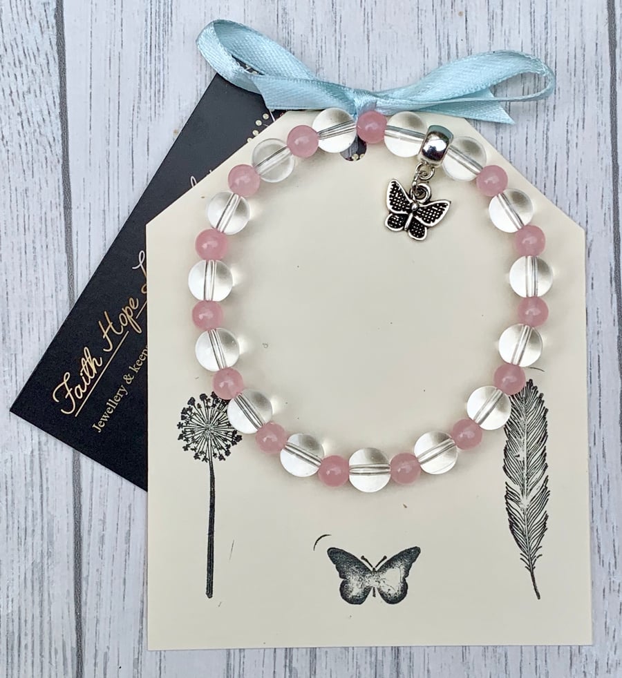 Anxiety Relief Butterly Rose Quartz Clear Quartz Holistic Bracelet Healing 