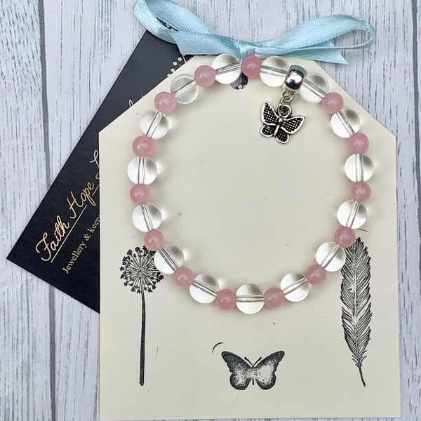 Anxiety Relief Butterly Rose Quartz Clear Quartz Holistic Bracelet Healing 