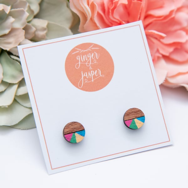 Hand Painted Wooden Circle Earrings, Bright Coloured Wood Dot Studs
