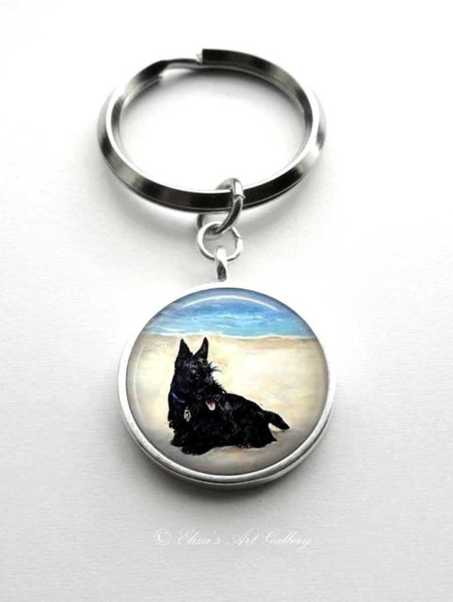 Silver Plated Scottish Terrier Dog Art Cabochon Keyring