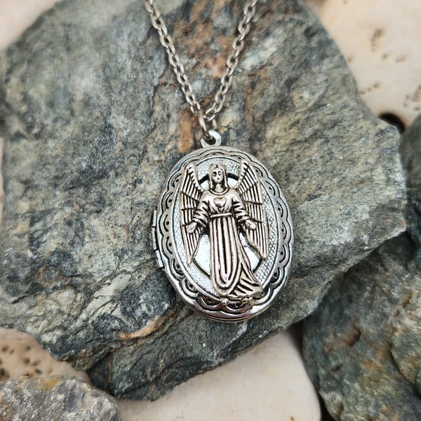Archangel Chamuel silver tone locket necklace pendant angel prayer necklace