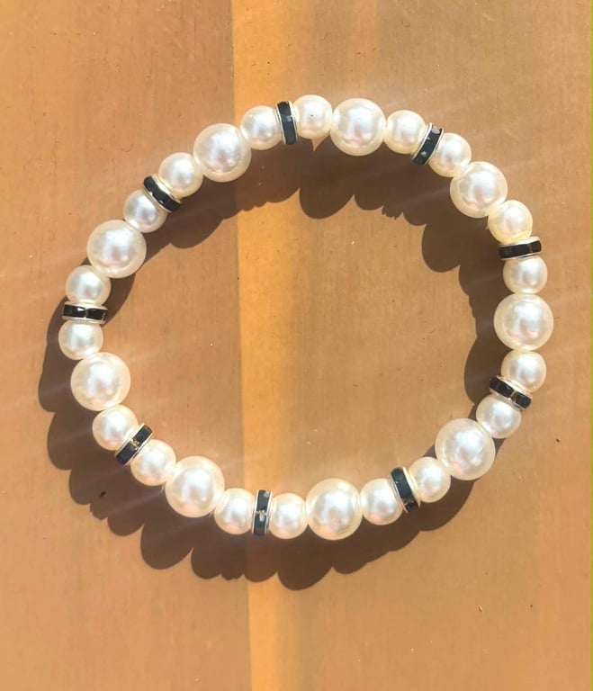 Handmade Pearl-Look Beaded Bracelet with Black and Silver-Tone Accents