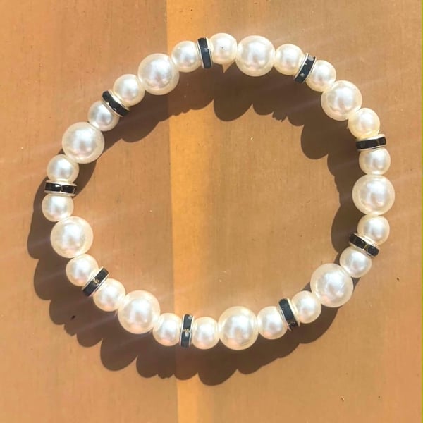 Handmade Pearl-Look Beaded Bracelet with Black and Silver-Tone Accents