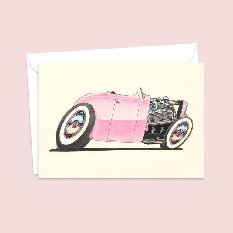 Pink Street Rod Greeting Card: Original Art for a Classic Car Lover (404)