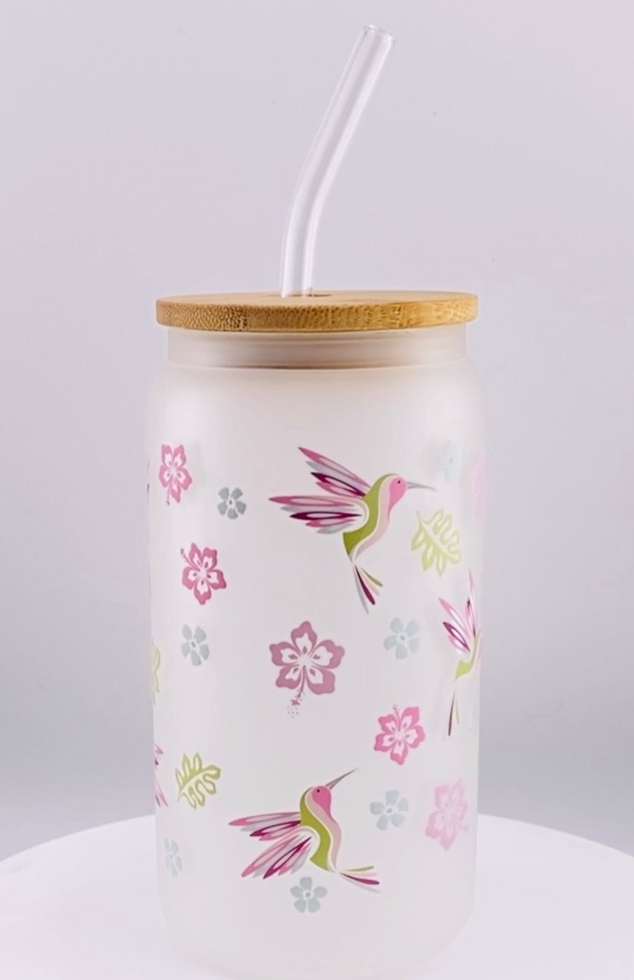 Humingbird Frosted Glass Tumbler with glass straw