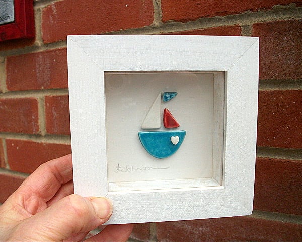 Bobbing Along Little Ceramic Boat Picture - Rustic Wood Frame - Boats