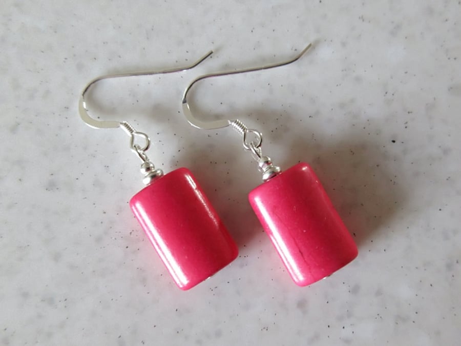 Bright Pink Howlite Tube Earrings With Sterling Silver - Inexpensive Gift