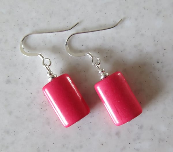 Bright Pink Howlite Tube Earrings With Sterling Silver - Inexpensive Gift