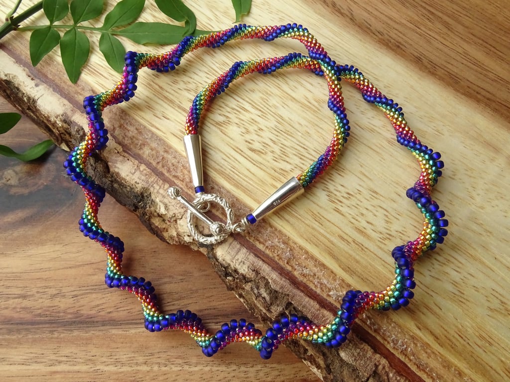 Spiral rainbow necklace, unusual twisting rainbow beaded jewellery