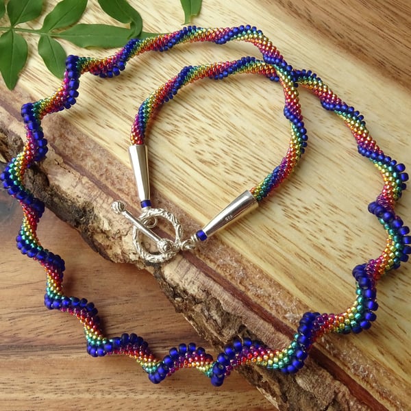 Spiral rainbow necklace, unusual twisting rainbow beaded jewellery