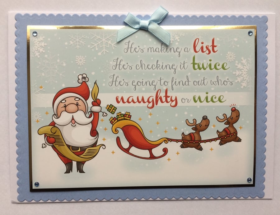 Handmade Christmas Card Santa Claus He's Making A List Naughty or Nice