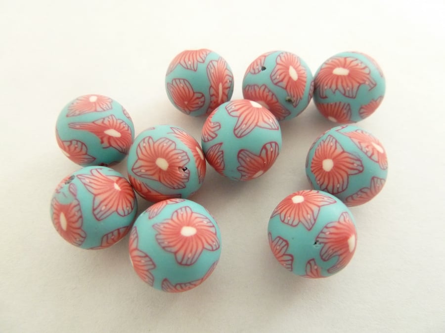 SALE red flower polymer clay beads