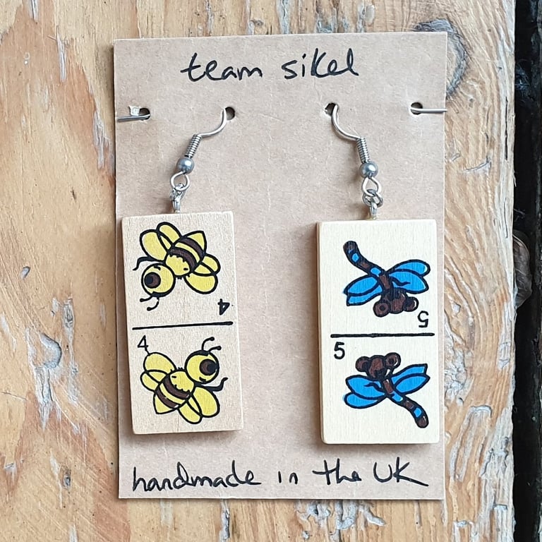 Bee & Dragonfly Insect Domino Earrings - Upcycled Toys
