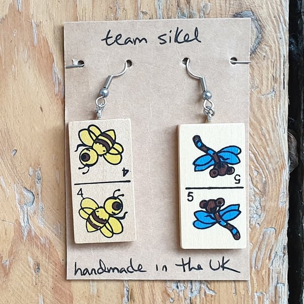 Bee & Dragonfly Insect Domino Earrings - Upcycled Toys