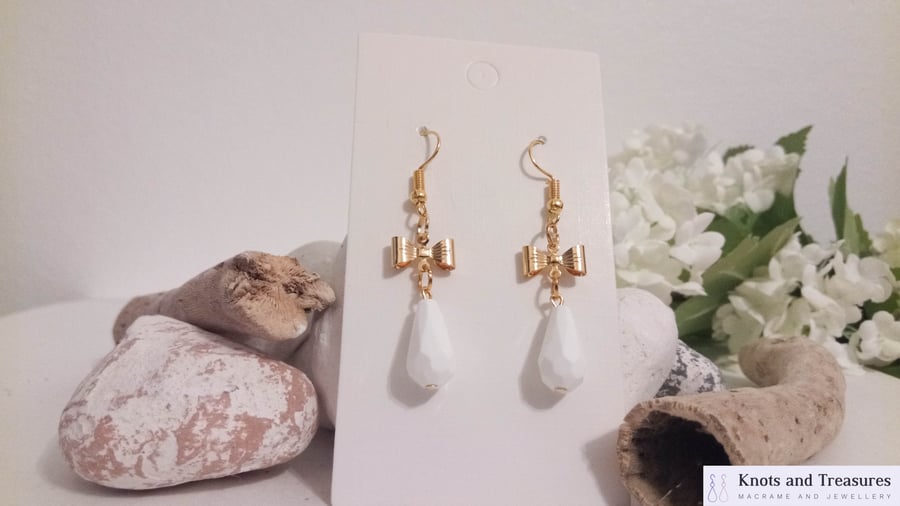 Gold Bow and White Faceted Bead Drop Earrings