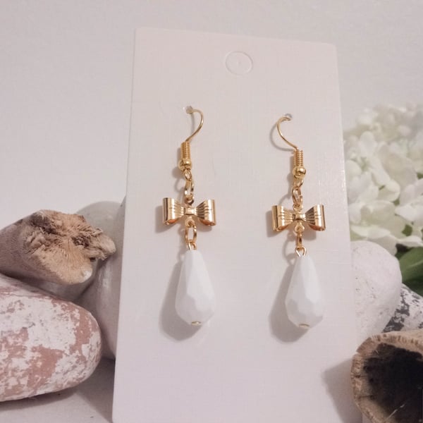 Gold Bow and White Faceted Bead Drop Earrings