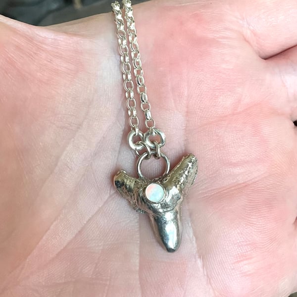 Chunky Silver Shark Tooth Pendant Necklace With Australian Opal 