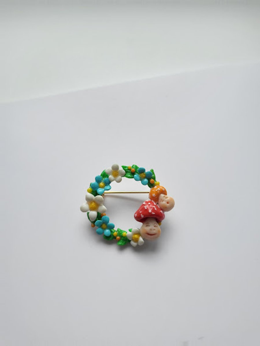 Handmade Polymer Clay Brooch - Happy Mushroom Friends Pin