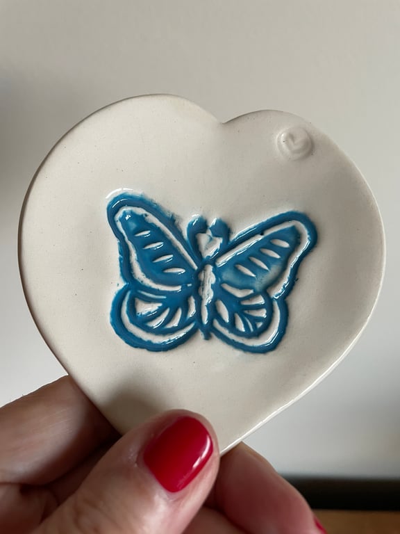 Perfectly Imperfect - Ceramic heart-shaped blue butterfly dish