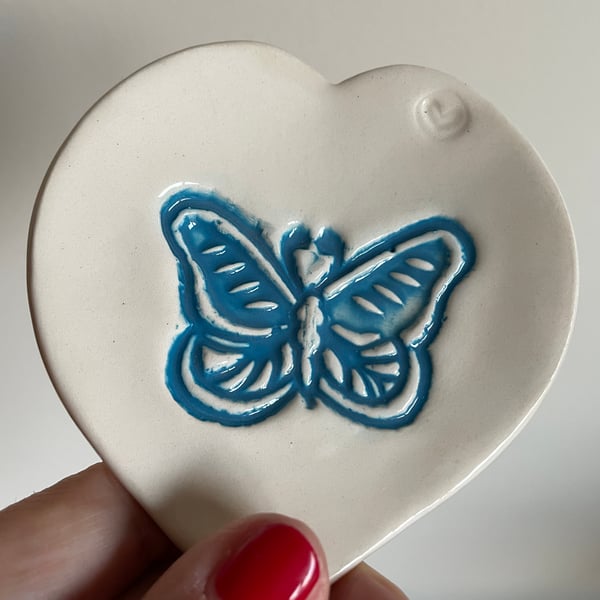 Ceramic heart-shaped blue butterfly dish
