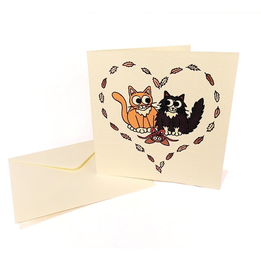 Cats in Heart of Feathers Card - blank love card with cute cats (Clearance)