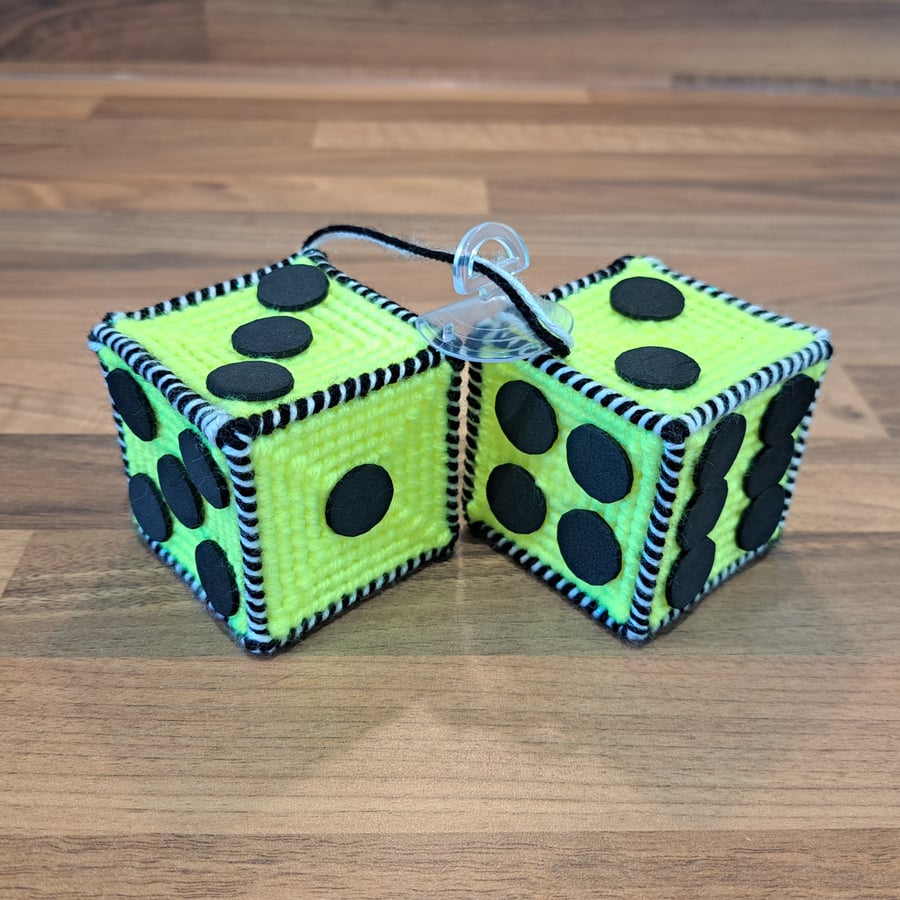 Retro-style dice decoration - sucker cup attachment, neon yellow with black dots