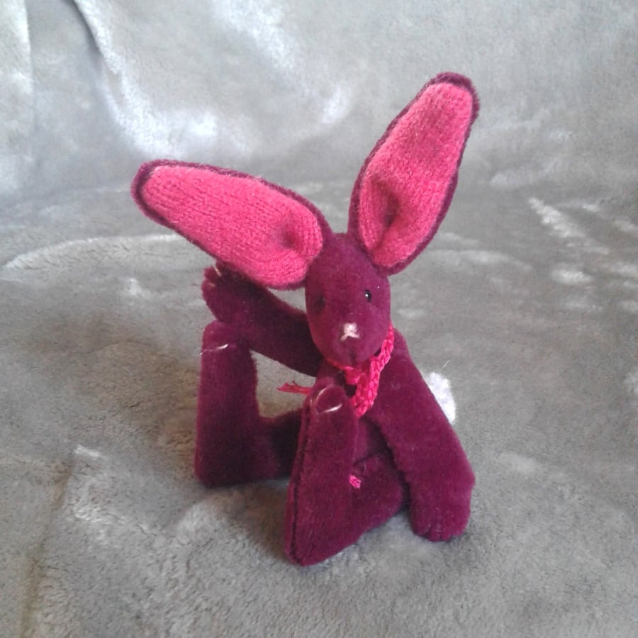 Plum, a tiny handstitched collectable jointed rabbit from vintage velvet.