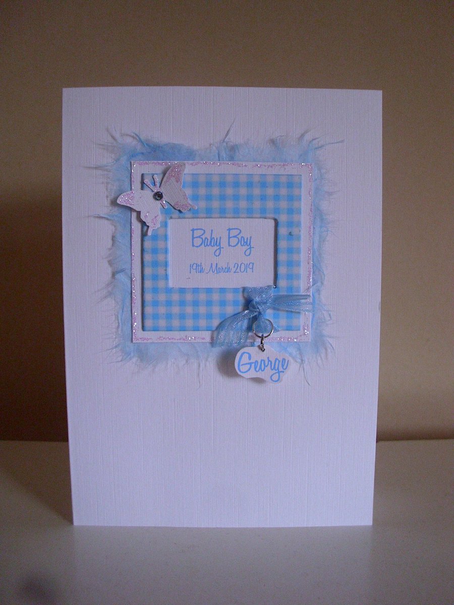 Baby Boy Gingham Frame Personalised Card - A6 Card - New Baby - Birth